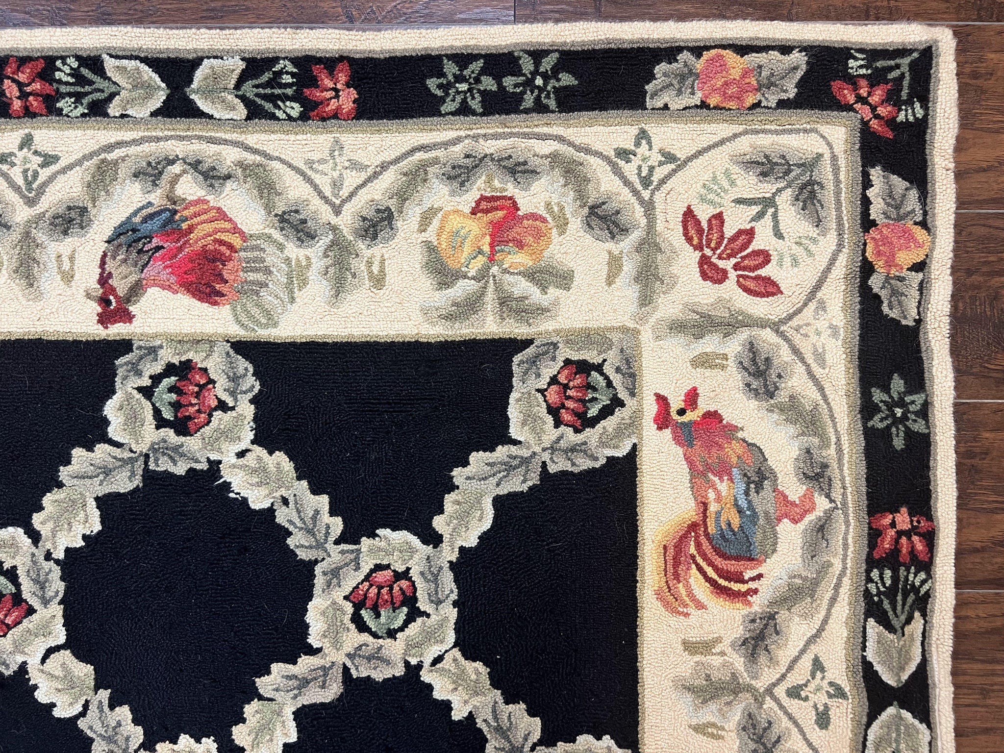 Hooked Rug 5x8, European Aubusson Pattern, Black and Ivory, Roses & Roosters, Vintage Wool Rug by Jewel Rugs