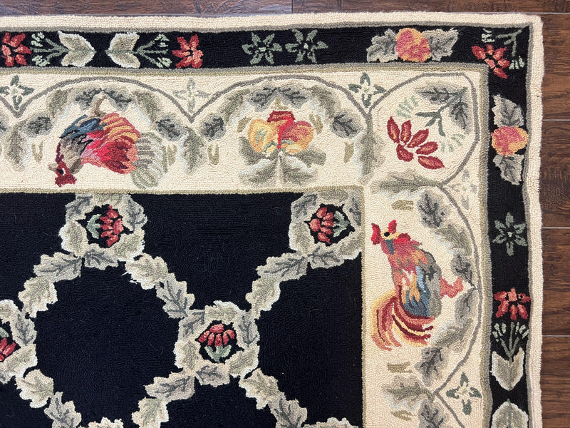 Hooked Rug 5x8, European Aubusson Pattern, Black and Ivory, Roses & Roosters, Vintage Wool Rug by Jewel Rugs