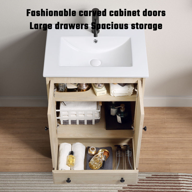 Bathroom Vanity Base, Cabinet With Carved Floral Doors - Natural Wood by HouseOfZazla
