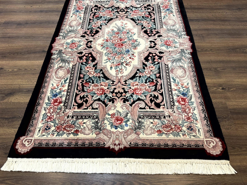 Aubusson Rug 4x6, Elegant European Floral Design, Black and Ivory, Fine 200 KPSI by Jewel Rugs