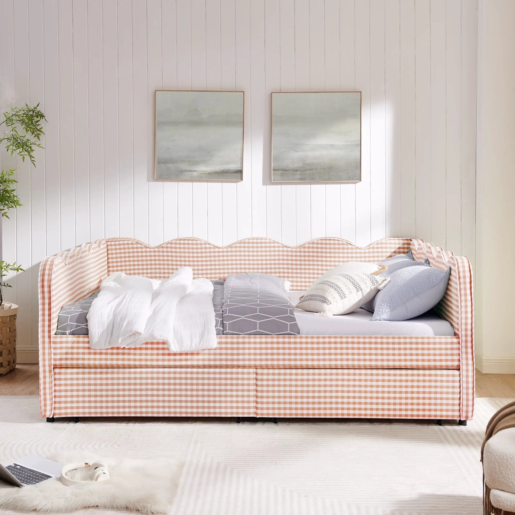 Queen Size Cozy Gingham Daybed with Two Storage Drawers and USB Port by HouseOfZazla