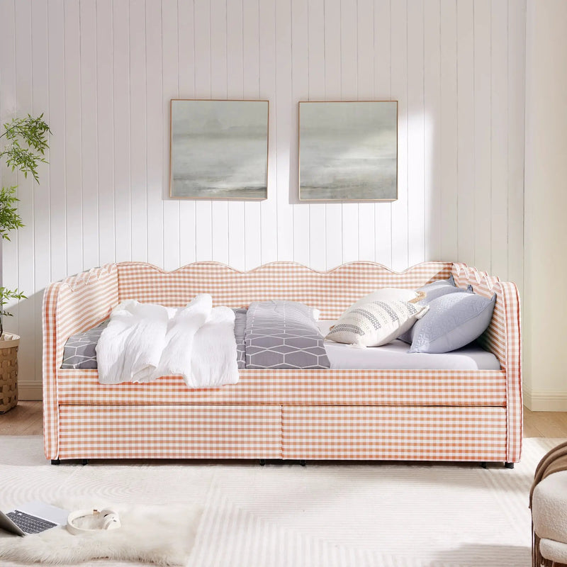 Queen Size Cozy Gingham Daybed with Two Storage Drawers and USB Port by HouseOfZazla