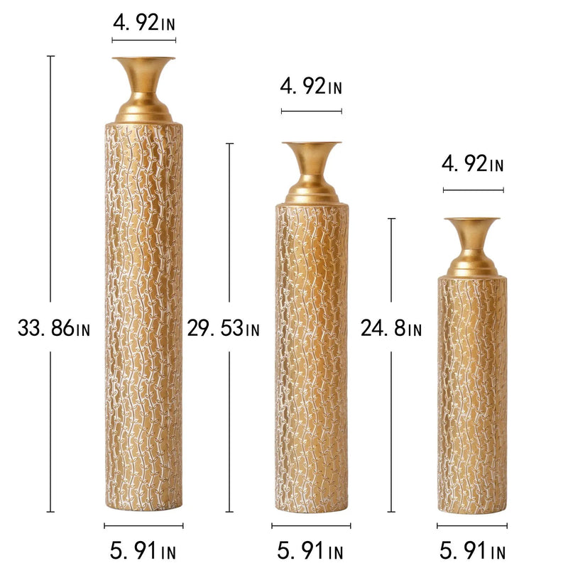 Metal Decorative Vases High Distress Metal Center Vases With Growing Vine Patterns, (Set of 3) Vases For Home Decoration - Gold by HouseOfZazla