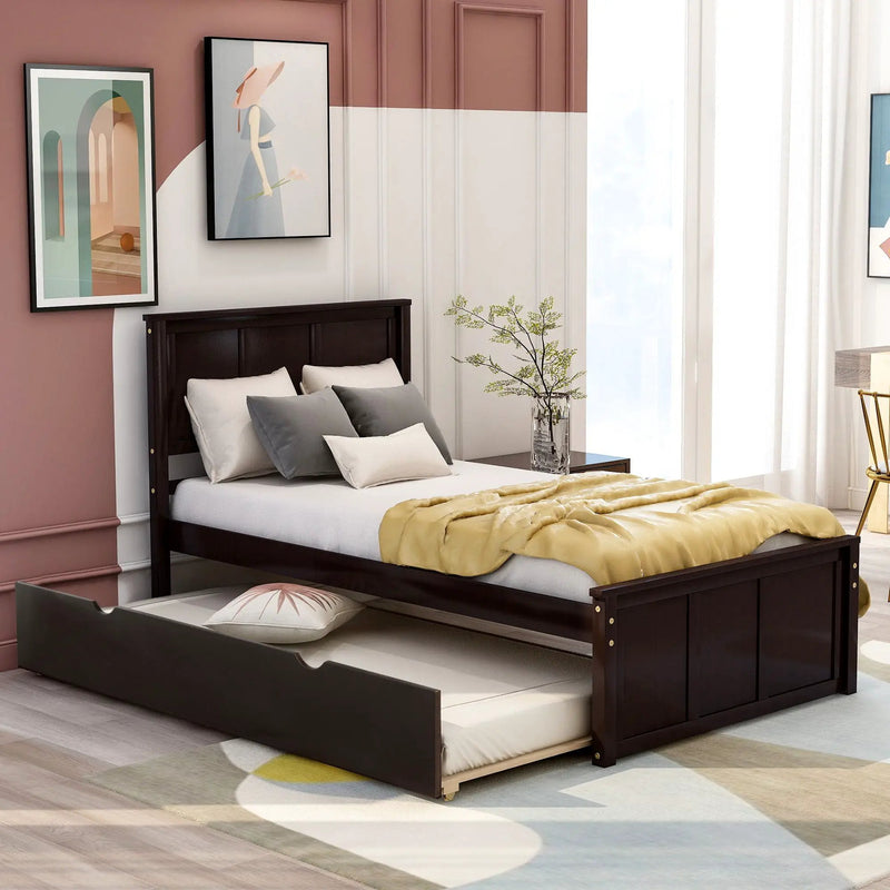 Platform Bed With Twin Trundle, Twin Size - Espresso by Unique Piece Furniture
