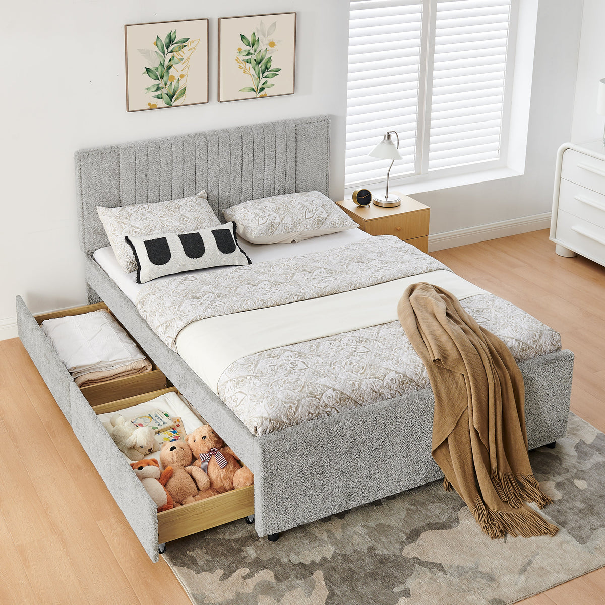 Queen Size Vertical Channel Tufted Headboard & Nailhead Trim Space Saving Upholstered Bed, Multi-functional Design with 2 Storage Drawers and Pull-out Trundle Bed, Chenille, photo 2 of 10