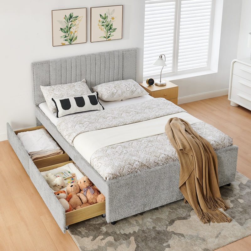 Queen Size Vertical Channel Tufted Headboard & Nailhead Trim Space Saving Upholstered Bed, Multi-functional Design with 2 Storage Drawers and Pull-out Trundle Bed, Chenille, photo 2 of 10
