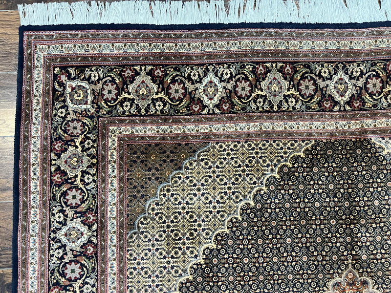 Persian Tabriz Rug 7x10, Very Fine 330 KPSI 50 Raj, Black and Beige, Handmade Wool Vintage Persian Carpet by Jewel Rugs