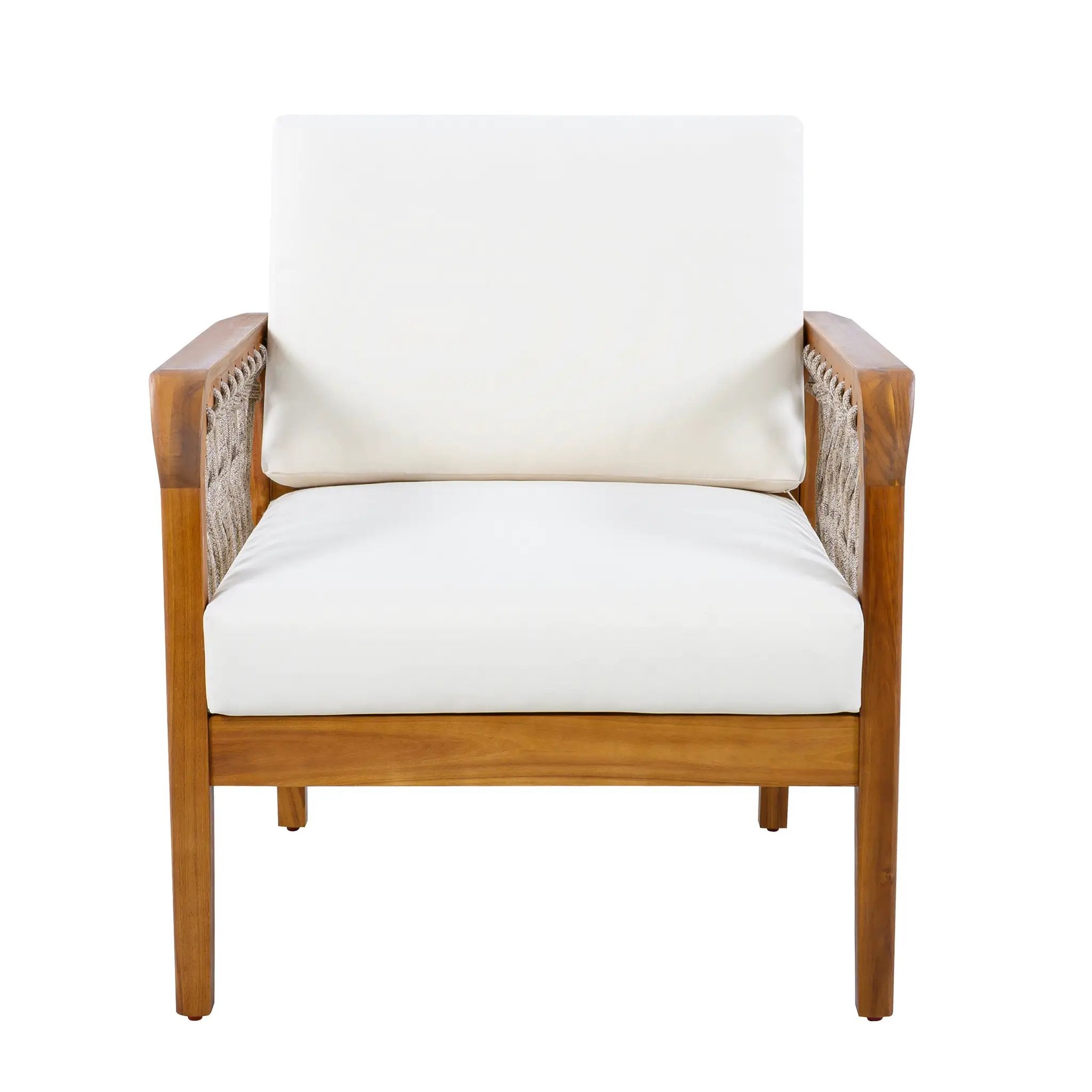 Outdoor Acacia Wood Club Chair with Handwoven Rope, Teak Finish by HouseOfZazla