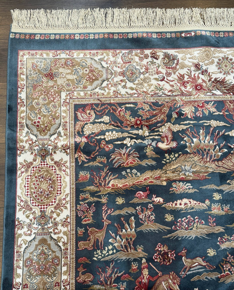 Turkish Silk Hunting Design Rug 4x6, Dark Steel Blue & Ivory, Bamboo Silk, New by Jewel Rugs