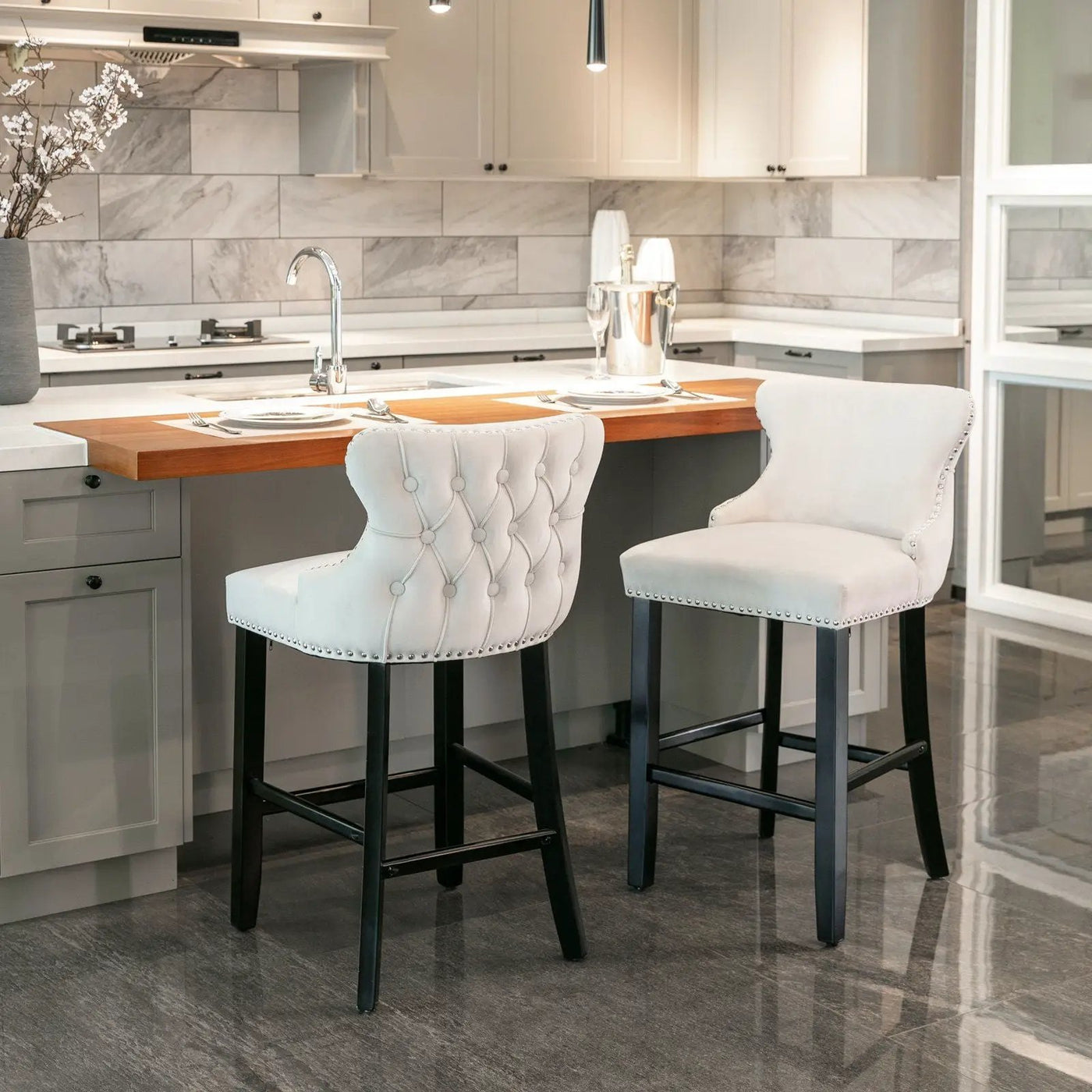 Contemporary Upholstered Wing-Back Barstools With Button Tufted Decoration And Wooden Legs, And Nailhead Trim, Leisure Style Bar Chairs, Bar Stools (Set of 2) by HouseOfZazla