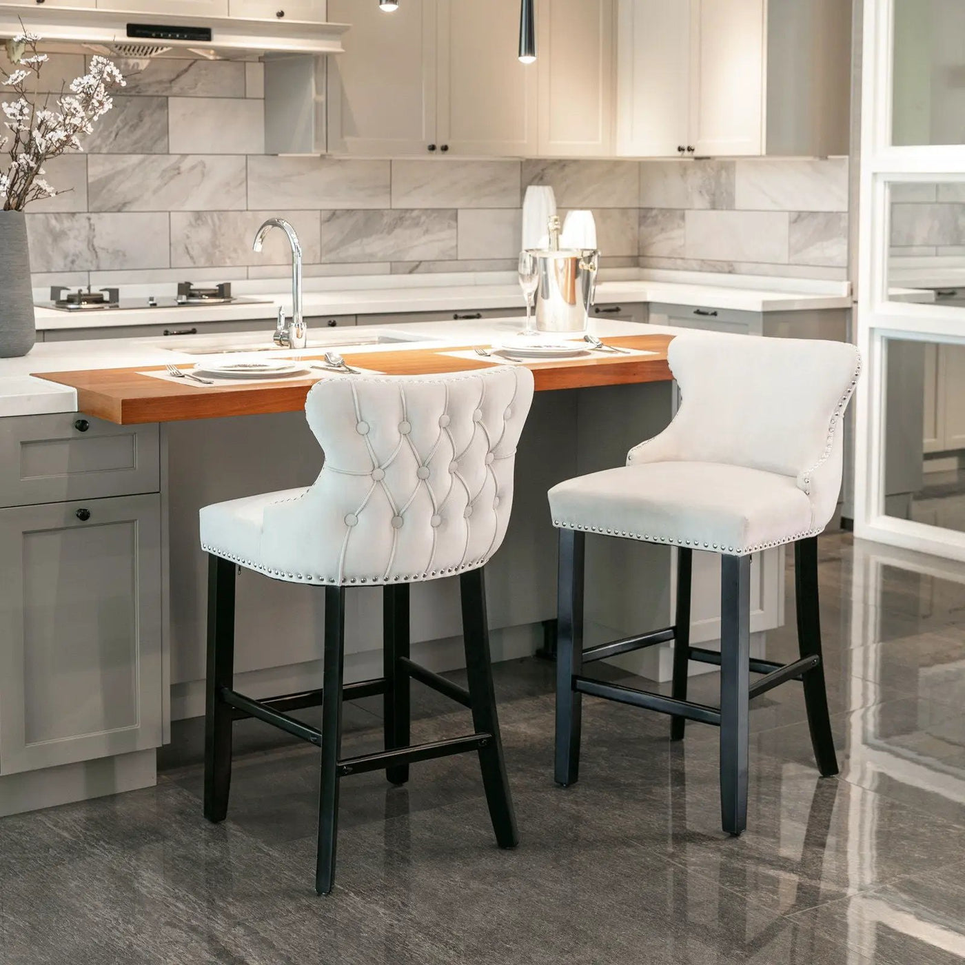 Contemporary Upholstered Wing-Back Barstools With Button Tufted Decoration And Wooden Legs, And Nailhead Trim, Leisure Style Bar Chairs, Bar Stools (Set of 2) by Unique Piece Furniture