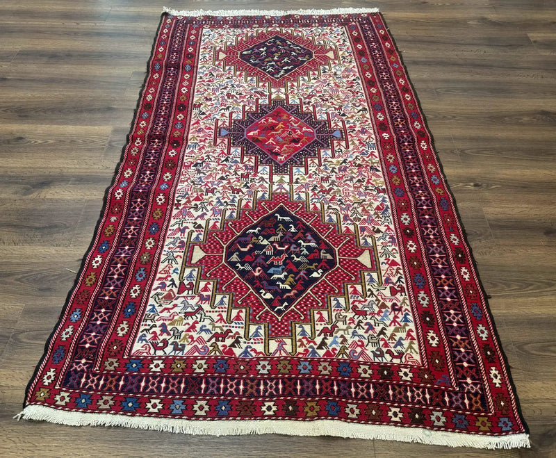 Persian Soumak Kilim Rug 4x6, Triple Medallions Tribal Pictorials, Caucasian Azerbaijani Kilim by Jewel Rugs