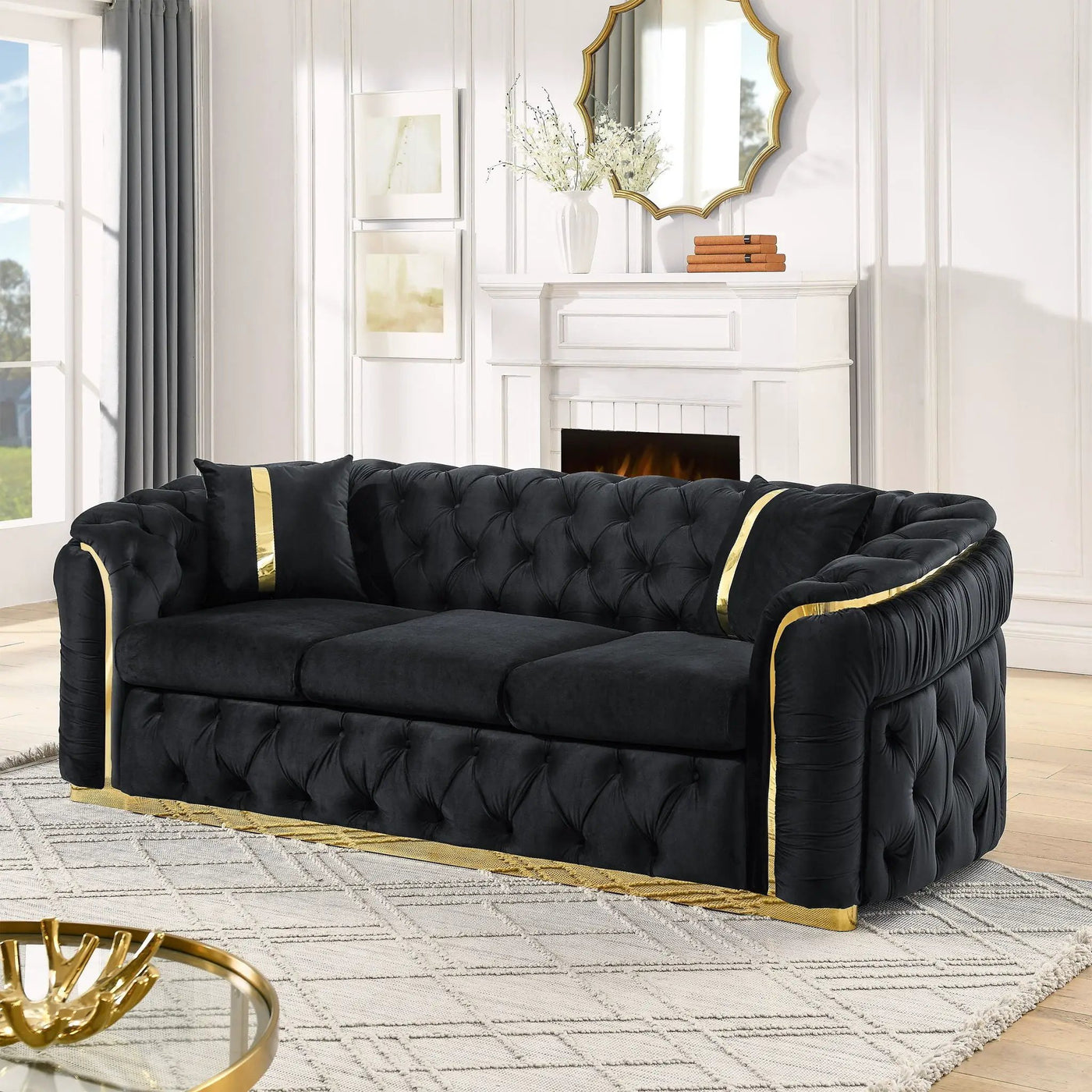 Button Tufted Couch With 2 Pillows, 3 Seater Luxury Chesterfield Sofa by Unique Piece Furniture