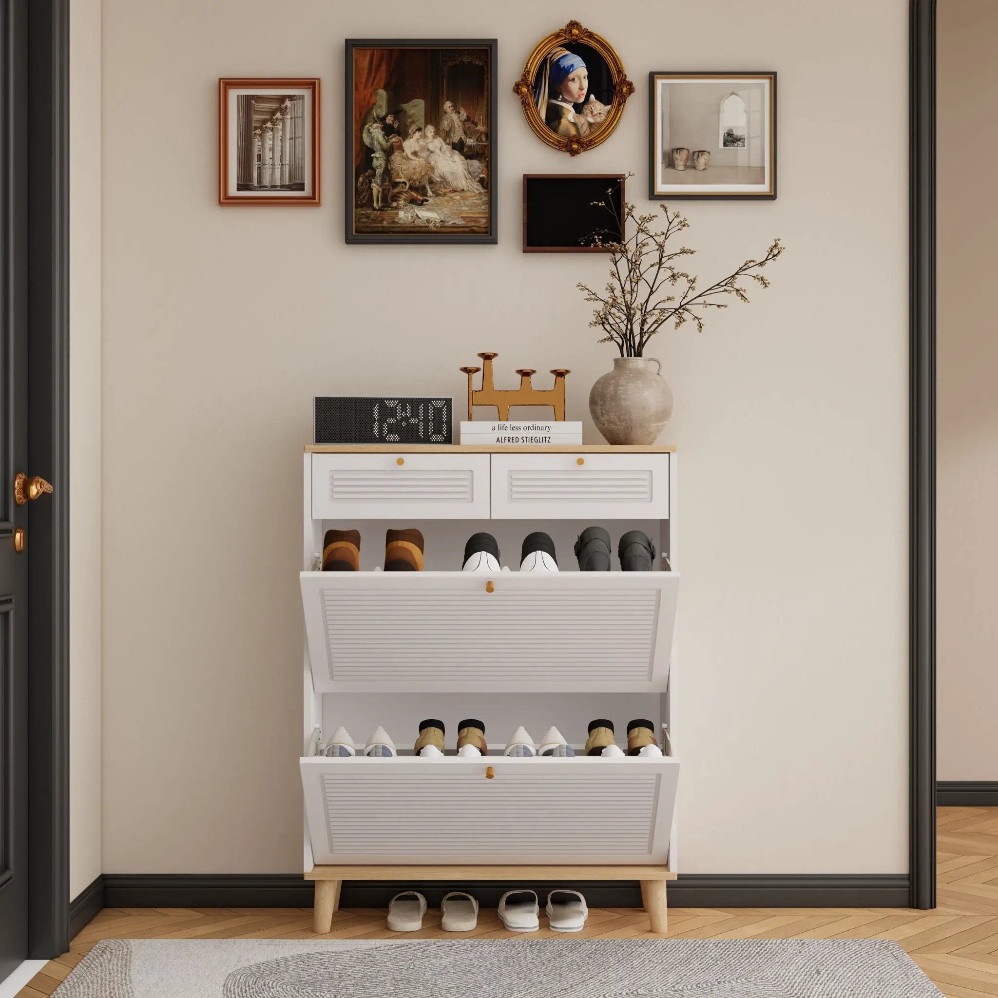 Modern Freestanding Shoe Cabinet With Flip Up Doors And Drawers, Compact Design For Entryway - White Natural by Unique Piece Furniture
