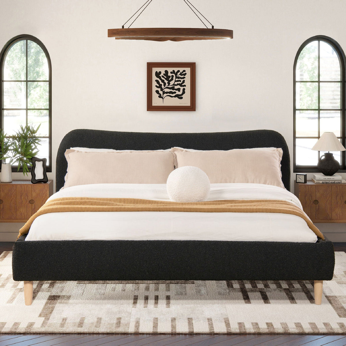 Curved Headboard Upholstered Platform Bed with Mattress Support - Black, White, Dark Green, photo 21 of 40