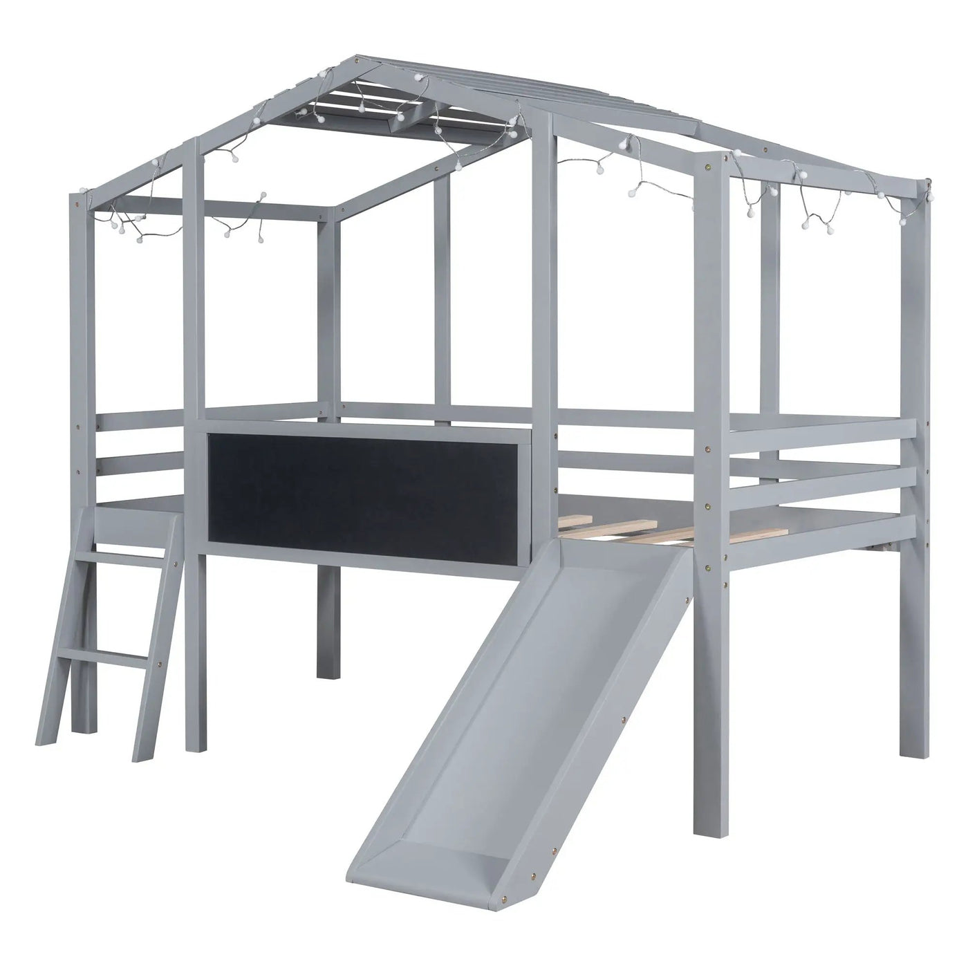 Loft House Bed With Ladder And Slide, With board And Light Strip On The Roof by Unique Piece Furniture