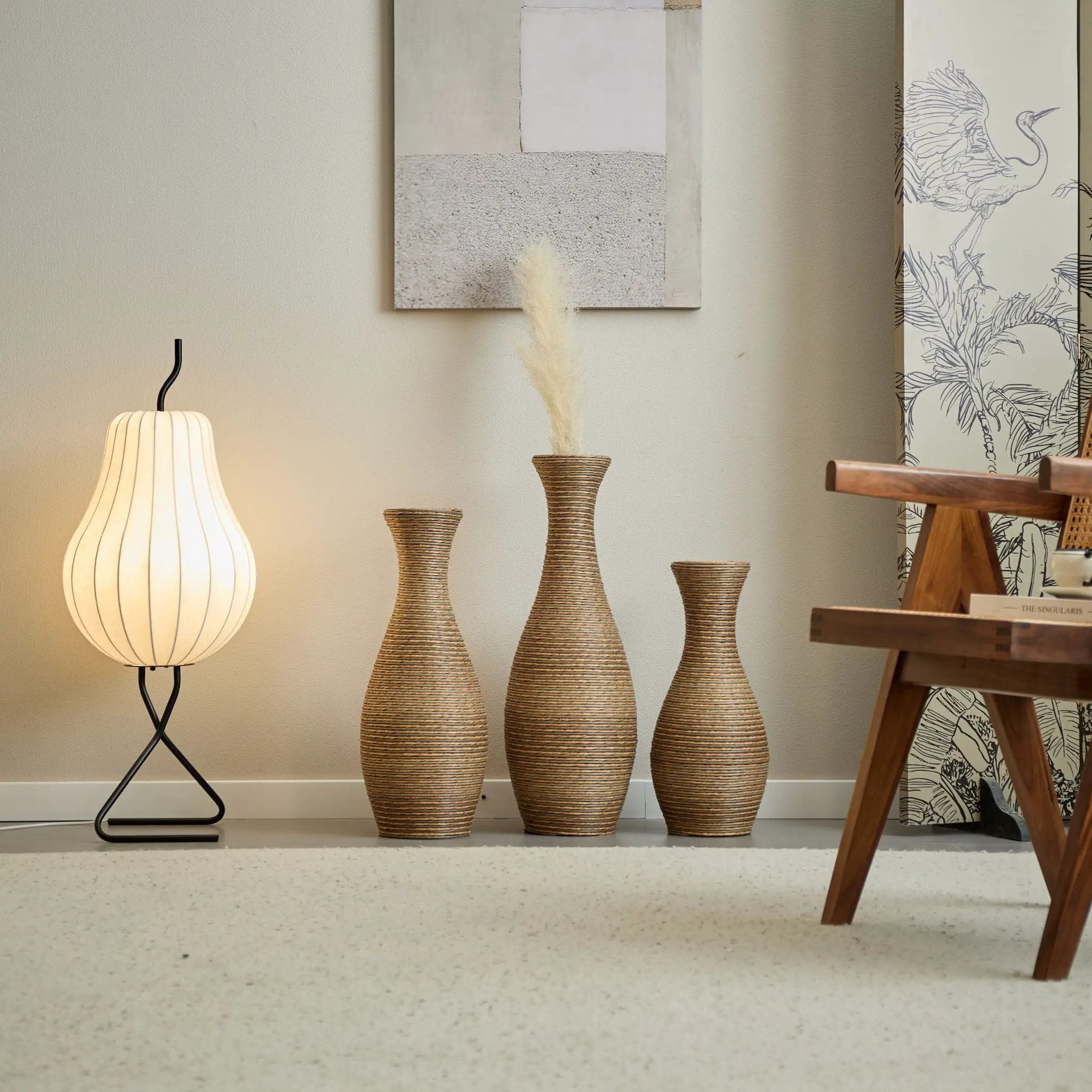 3 Piece Artificial Rattan Floor Vase Set Decorative Accent For Living Room, Hallway & Entryway, Ideal For Dried Or Silk Flower Arrangements - Beige by Unique Piece Furniture