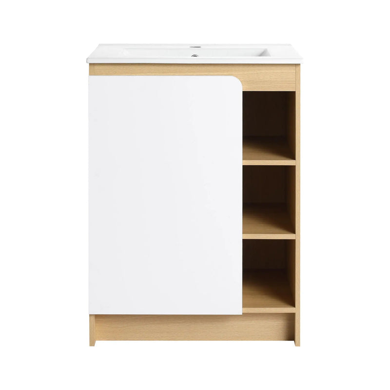 Freestanding Bathroom Vanity With Thin Rim Sink, Single Door With 4 Tier Open Shelves - Light Oak / White by HouseOfZazla