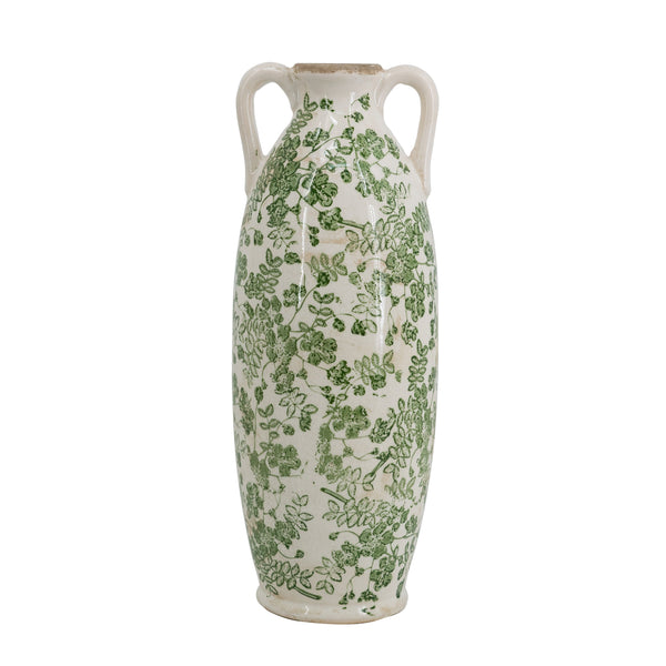 5.9x5.9x15.6' White Ceramic Flower Vase with Green Floral Pattern and Small Handles