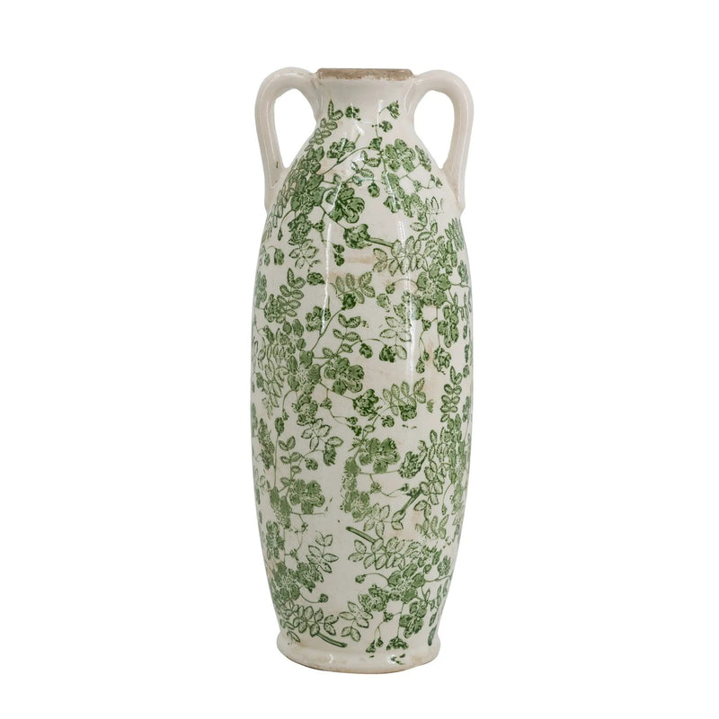 5.9x5.9x15.6' White Ceramic Flower Vase with Green Floral Pattern and Small Handles by HouseOfZazla
