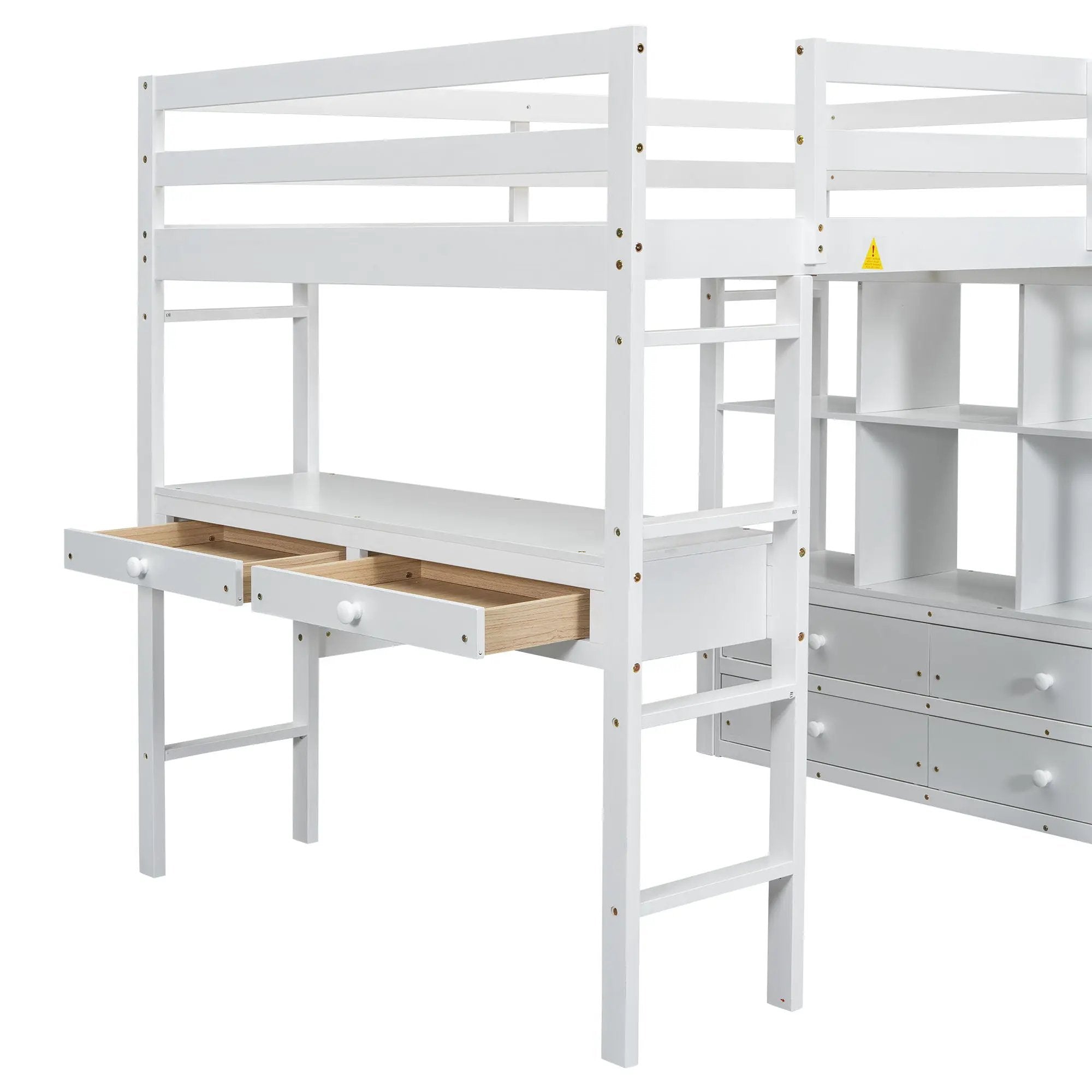 Full Size Loft Bed With Built In Desk, 2 Drawers, Storage Shelves - White by HouseOfZazla