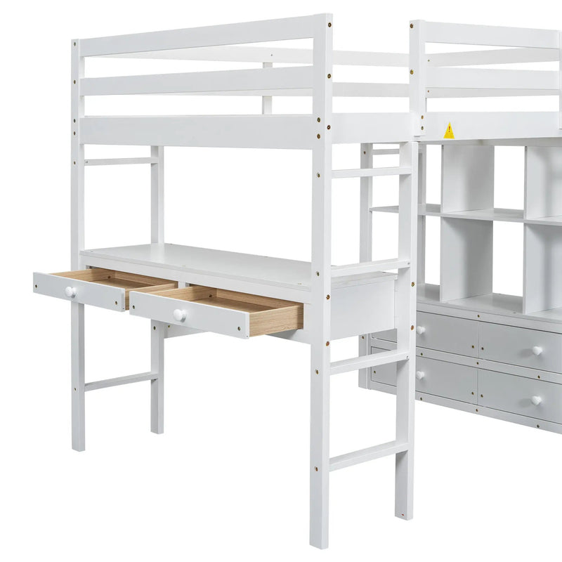 Full Size Loft Bed With Built In Desk, 2 Drawers, Storage Shelves - White by HouseOfZazla
