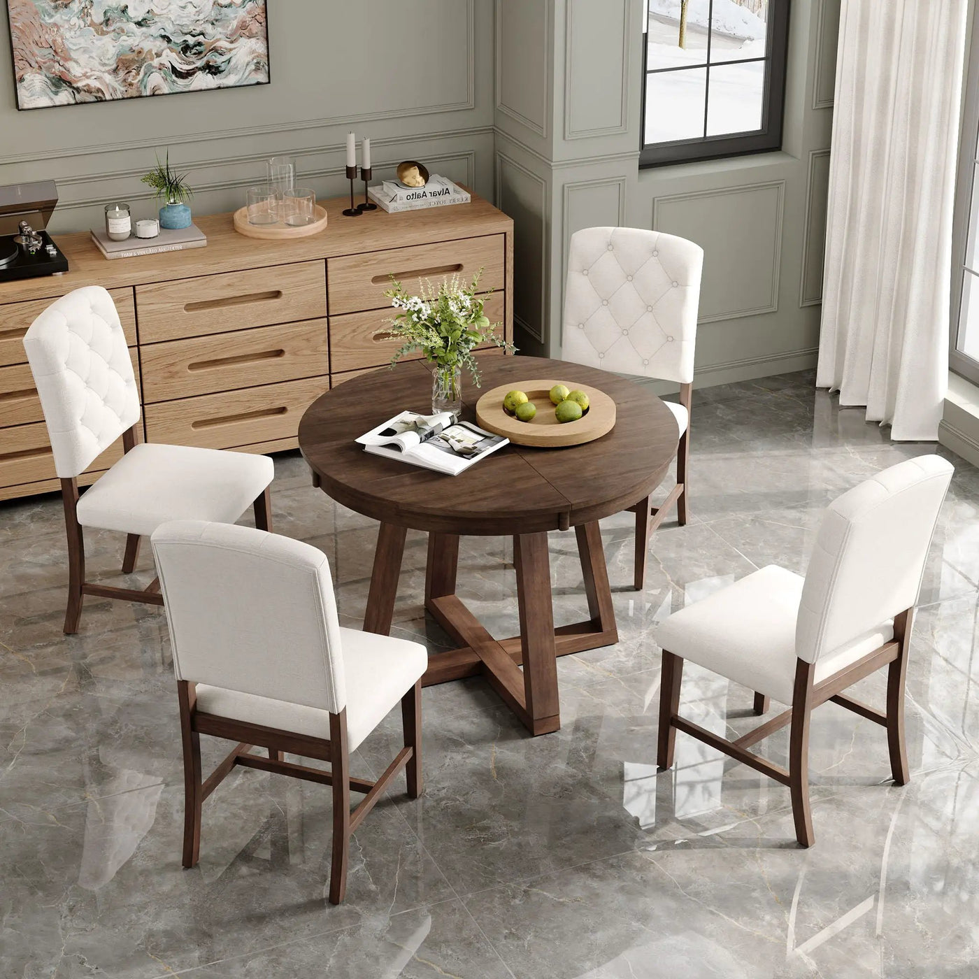 Dining Set With Leaf Round Table And 4 Upholstered Chairs by Unique Piece Furniture