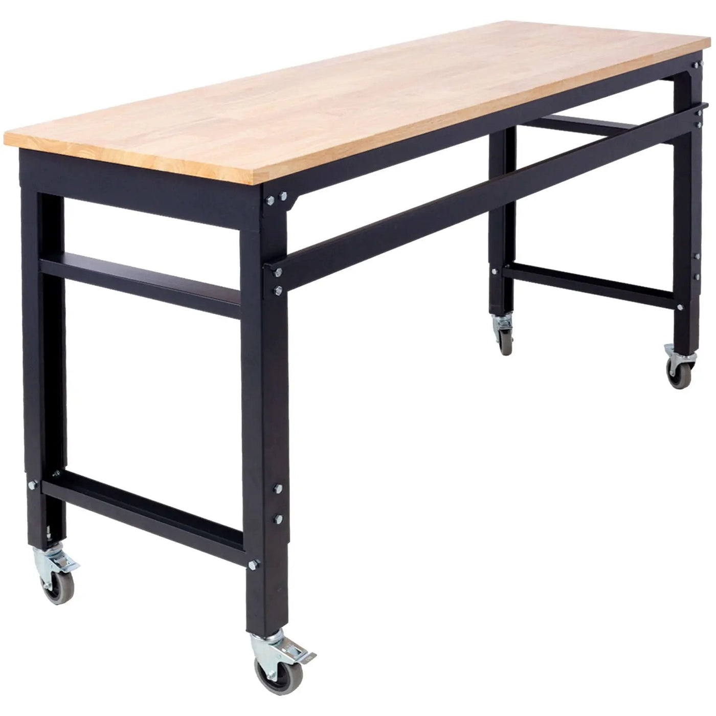 Wide Rolling Workbench For Garage, Adjustable Height, Workshop Tool Bench, Metal With Rubber Wood Top by HouseOfZazla
