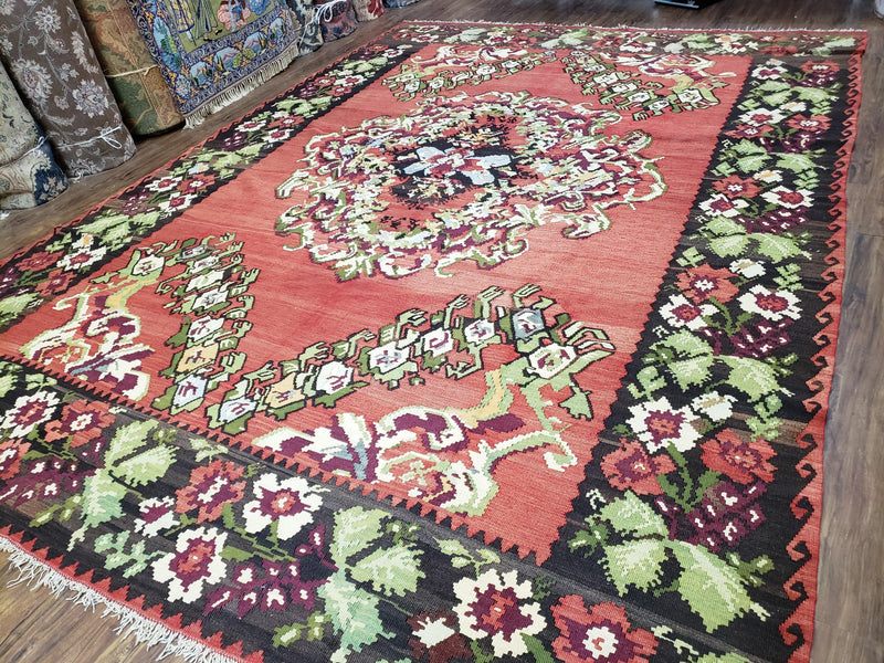 Karabakh Rug 8x11, Caucasian Kilim Rug, Vintage Antique Turkish Anatolian Azerbaijani Carpet, Wool Red & Black Hand-Woven 8 x 11 Living Room by Jewel Rugs