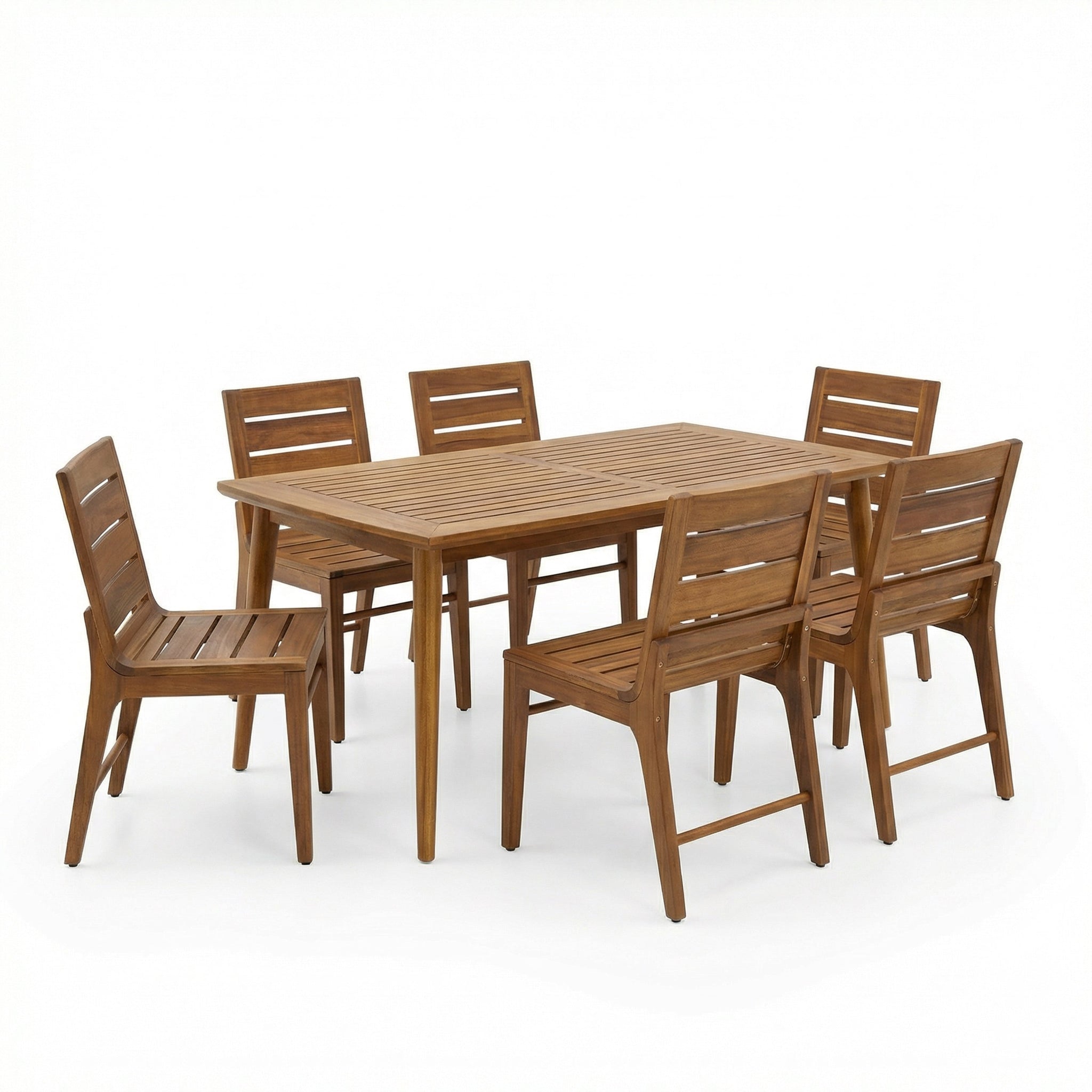 7 Piece Outdoor Acacia Wood Dining Set, 71" Teak Finish Rectangular Table with 6 Slatted Back Chairs by HouseOfZazla