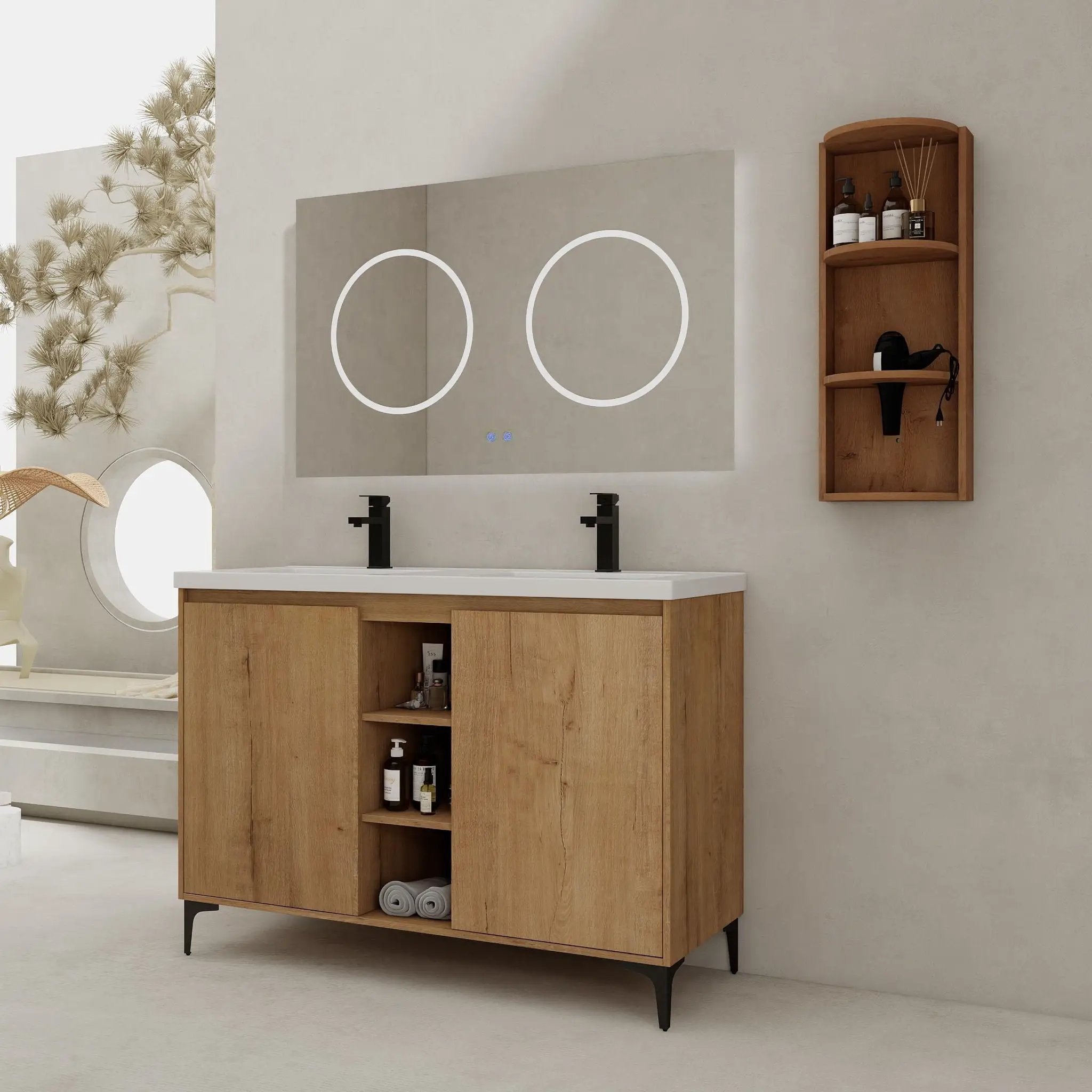 Elegant 48" Freestanding Bathroom Vanity With Double Resin Sink And Storage Rack Soft Close Doors - Imitative Oak by HouseOfZazla