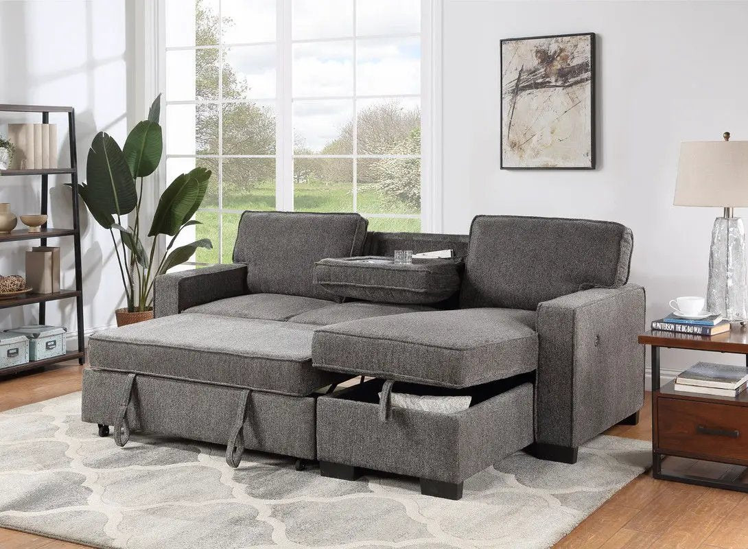 Estelle - Fabric Reversible Sleeper Sectional With Storage Chaise Drop-Down Table 2 Cup Holders And 2 USB Ports by HouseOfZazla