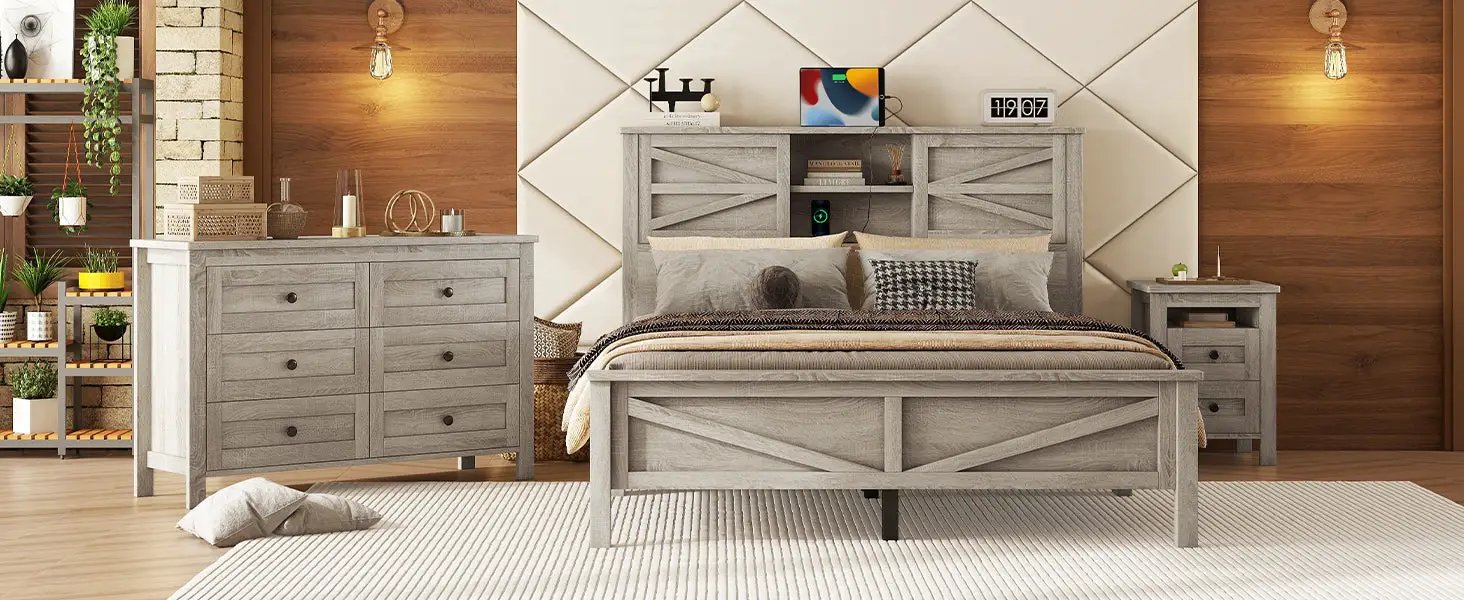 3-Pieces Bedroom Set Queen Size Farmhouse Platform Bed with Storage Headboard and Charging Station by HouseOfZazla