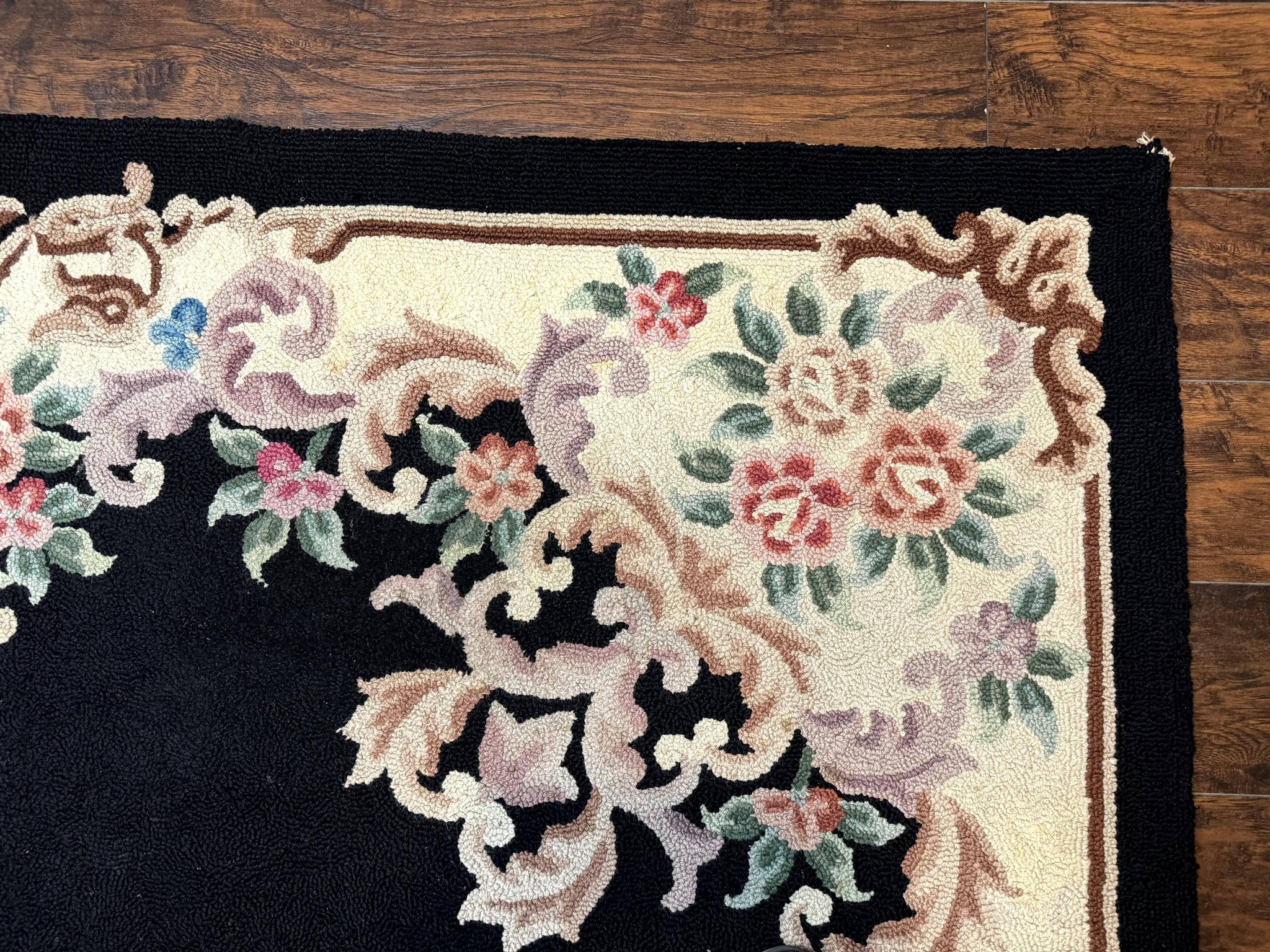 Aubusson Rug 8x11, Black and Ivory, Hooked Rug, Vintage, Wool by Jewel Rugs