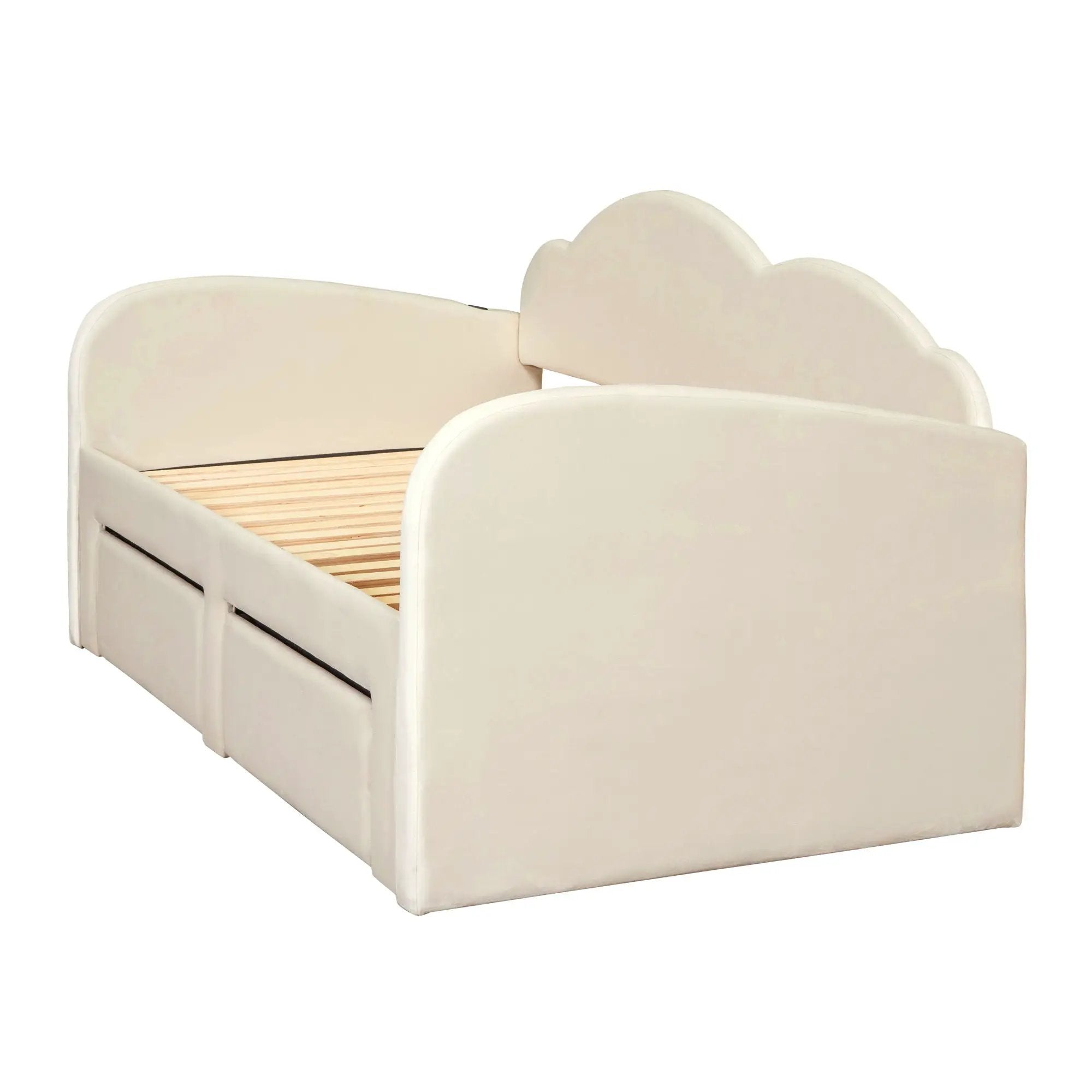 Upholstered Daybed With Cloud-Shaped Backrest, Trundle & 2 Drawers And USB Ports by HouseOfZazla