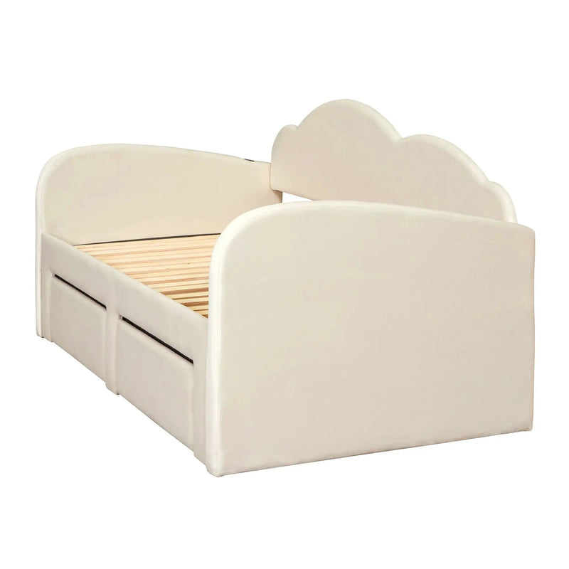 Upholstered Daybed With Cloud-Shaped Backrest, Trundle & 2 Drawers And USB Ports by HouseOfZazla