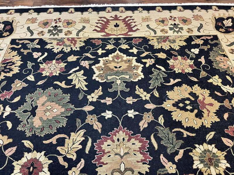 Indo Persian Rug 10x14, Wool Handmade Room Sized Floral Oriental Carpet, Indian Mahal Flatweave Rug, Black Beige by Jewel Rugs