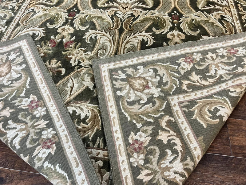 Tibetan Rug 8x10, European Design, Floral, Green, Handmade, Wool, Nepali Rug by Jewel Rugs