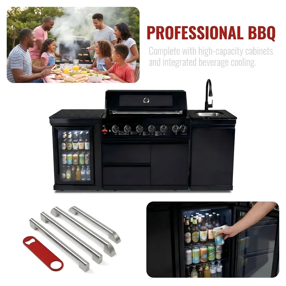 82" 6-Burner 85,000 BTU Gas Outdoor Kitchen Island Grill Stainless Steel Sink Wine Cooler by Chery Industrial