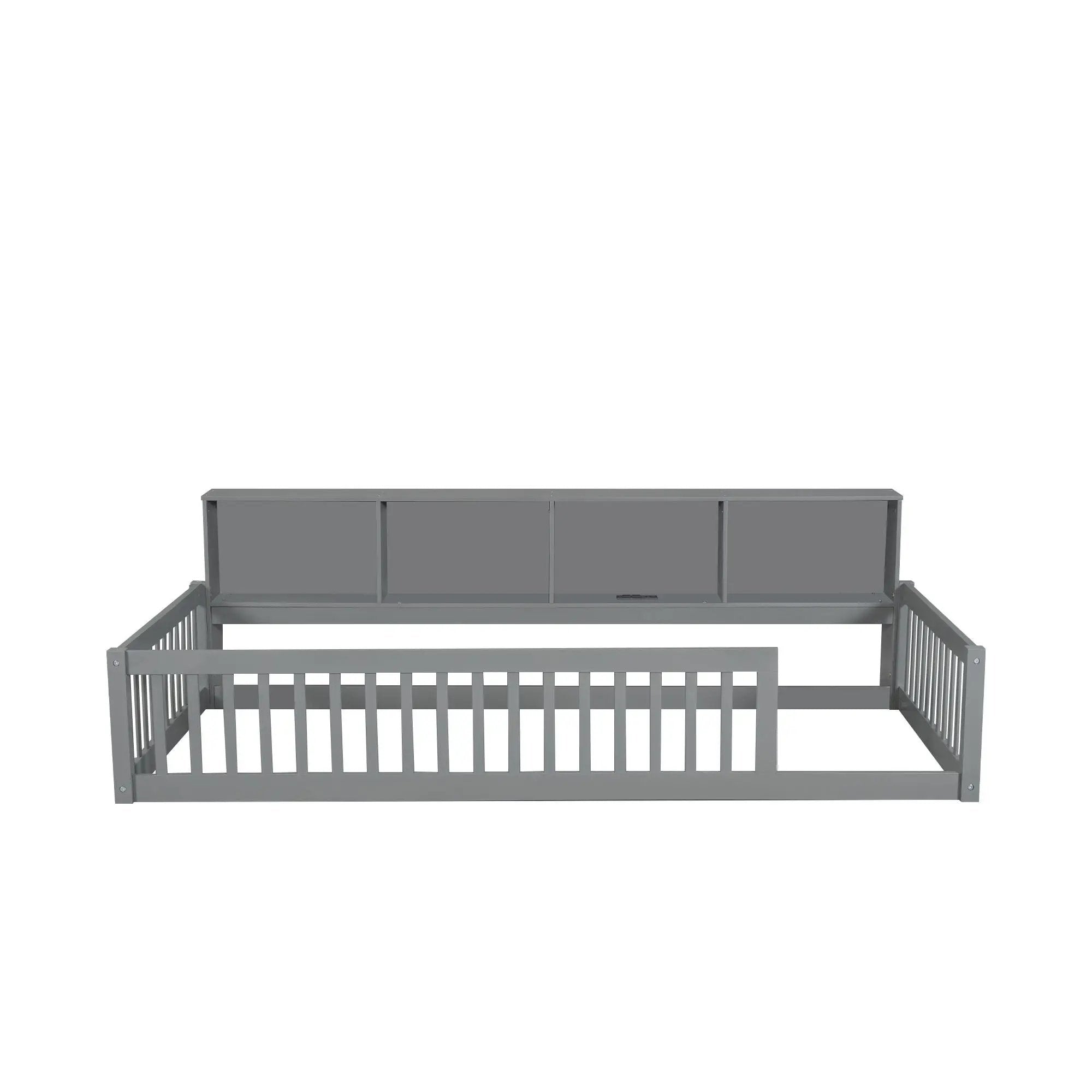 Twin Long Floor Bed With Storage Cabinets And USB Ports - Gray by HouseOfZazla