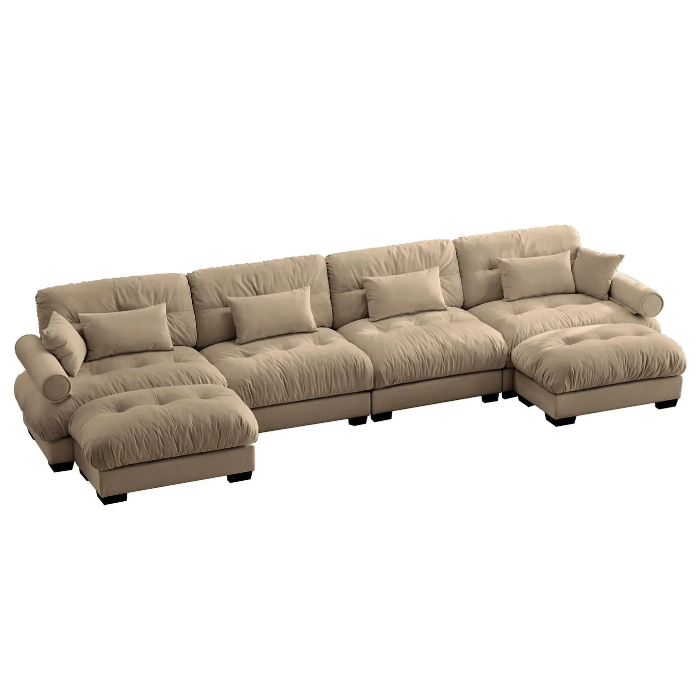 Modern Sectional Sofa With Ottoman, Round Bolster Armrests, Waist And Throw Pillows by HouseOfZazla