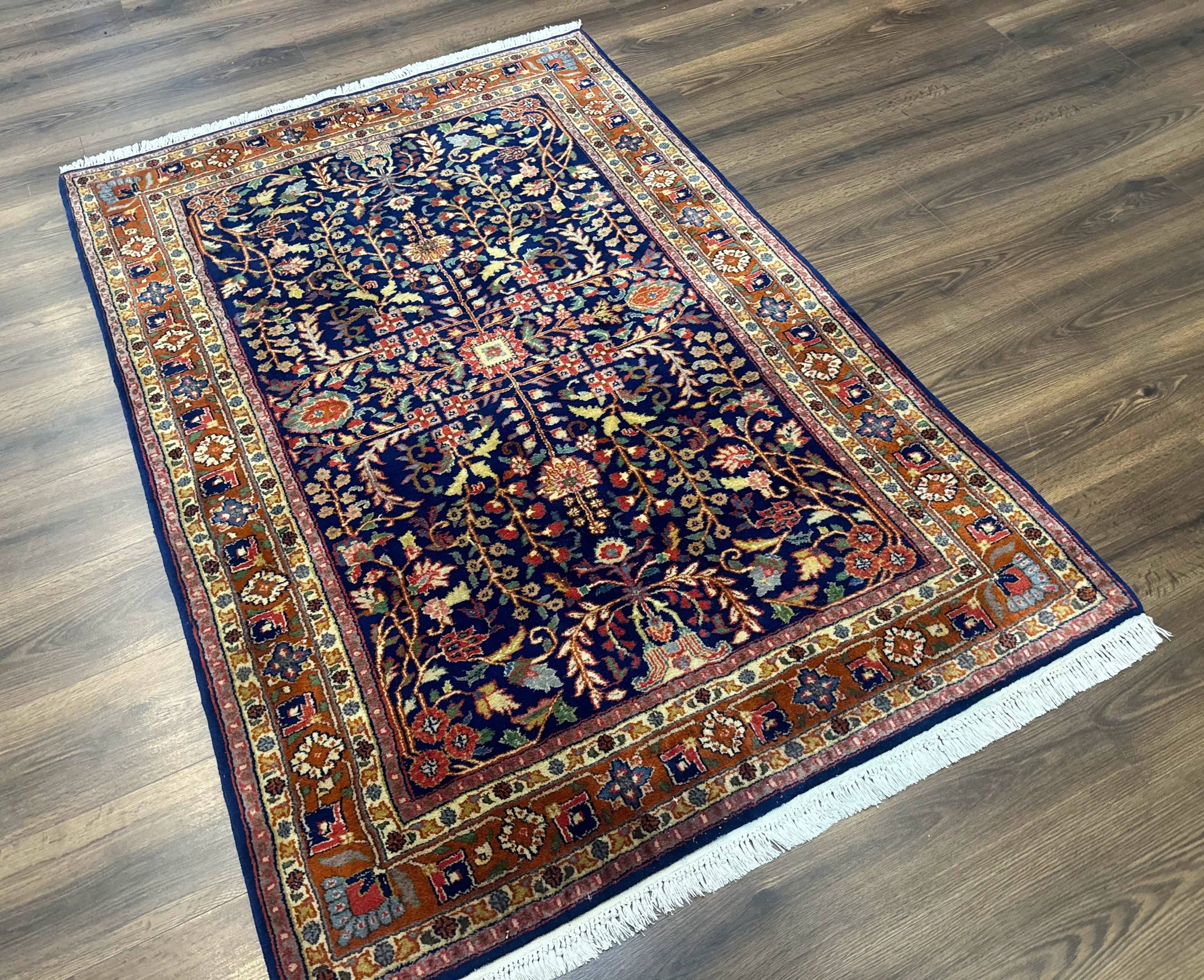 Indo Persian Sarouk Rug 4x6, Blue and Rust Red by Jewel Rugs