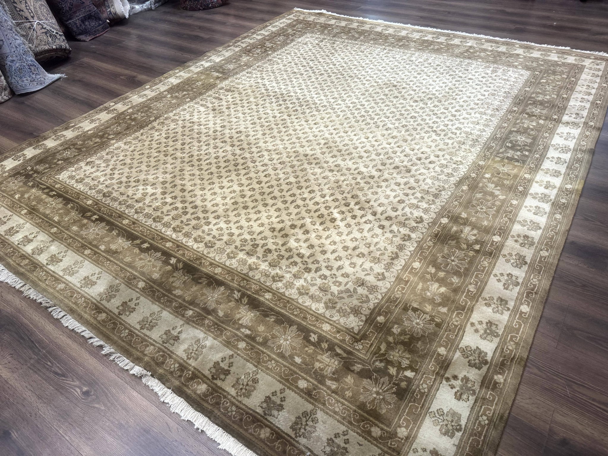 Indo Persian Rug 8x10, Allover Pattern, Beige, Wool Handmade Carpet by Jewel Rugs