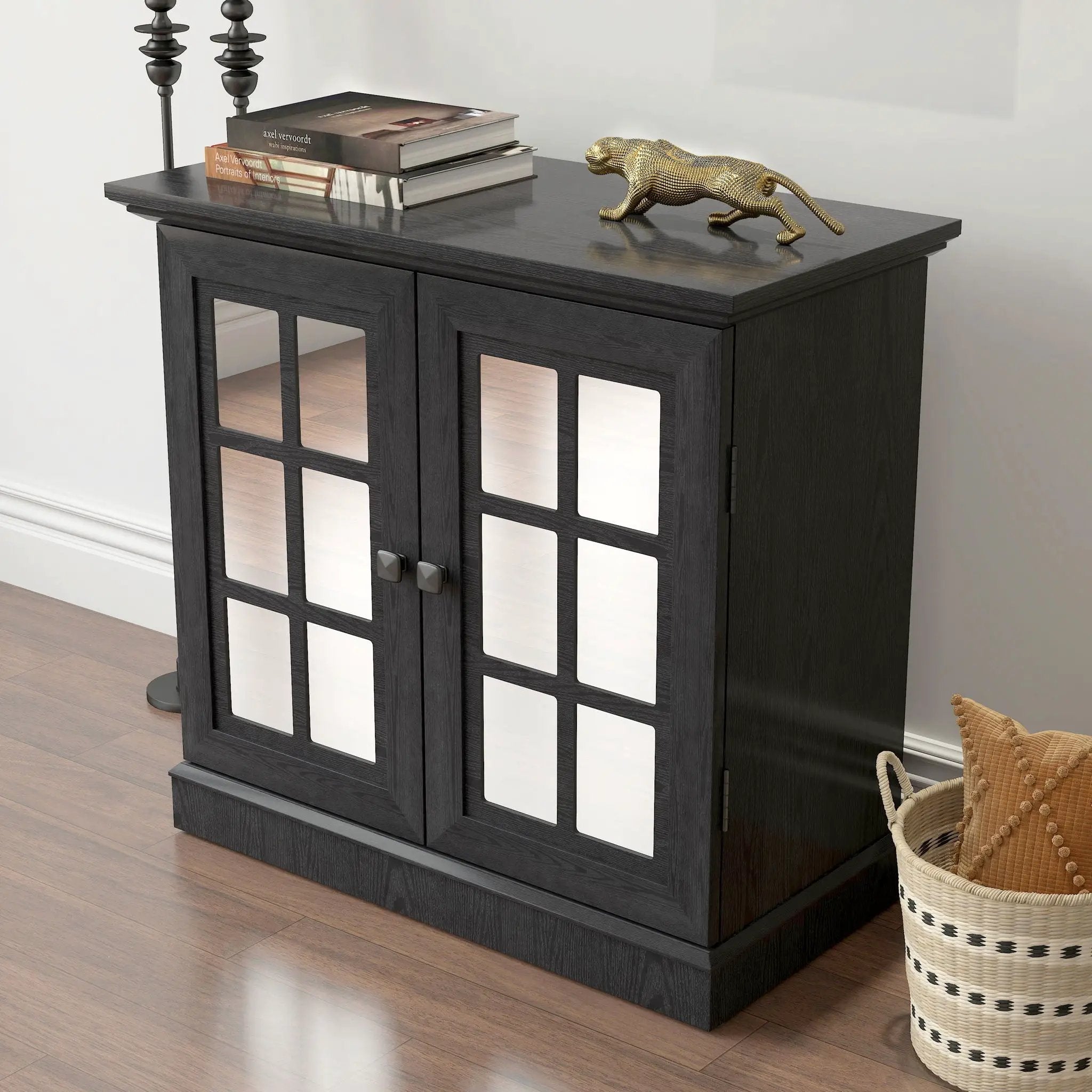 Sideboard Cabinet With Mirrored Doors, Adjustable Shelf, Metal Handles