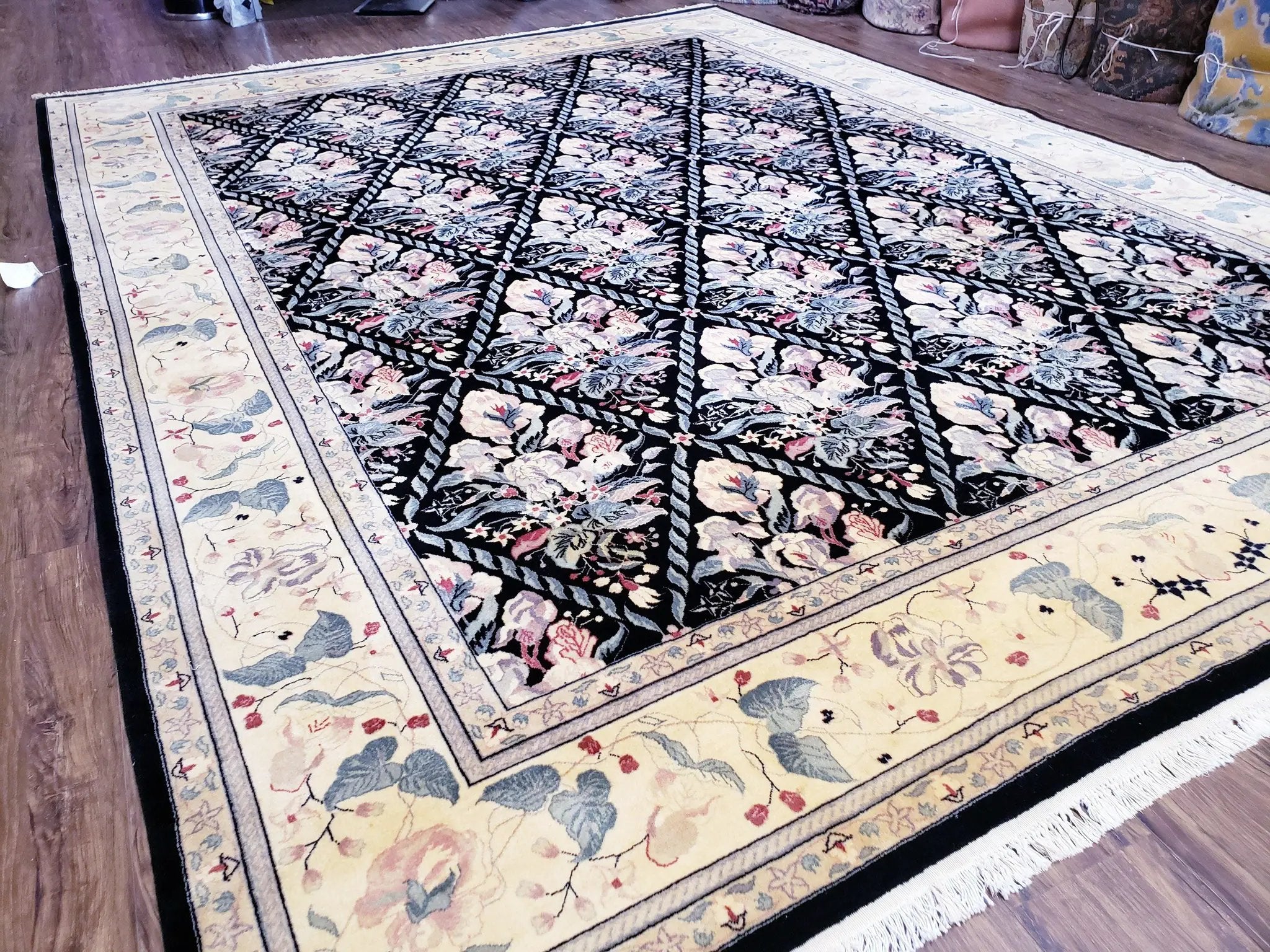 Sino-Persian Kirman Rug 9x12 Floral Handmade Wool Carpet Black & Ivory Vintage by Jewel Rugs