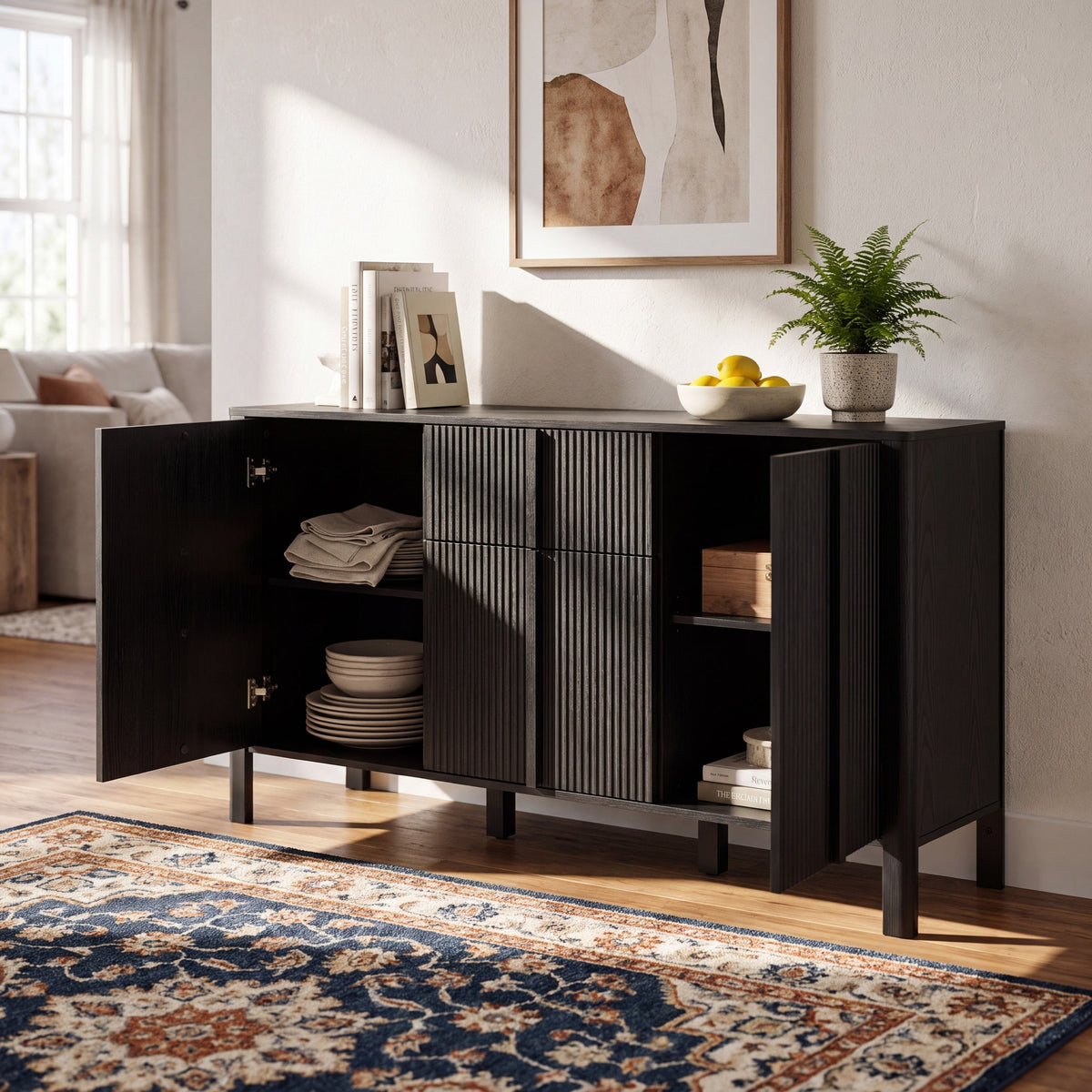 Black Sideboard with Storage - Modern MDF Credenza - Black, photo 3 of 10