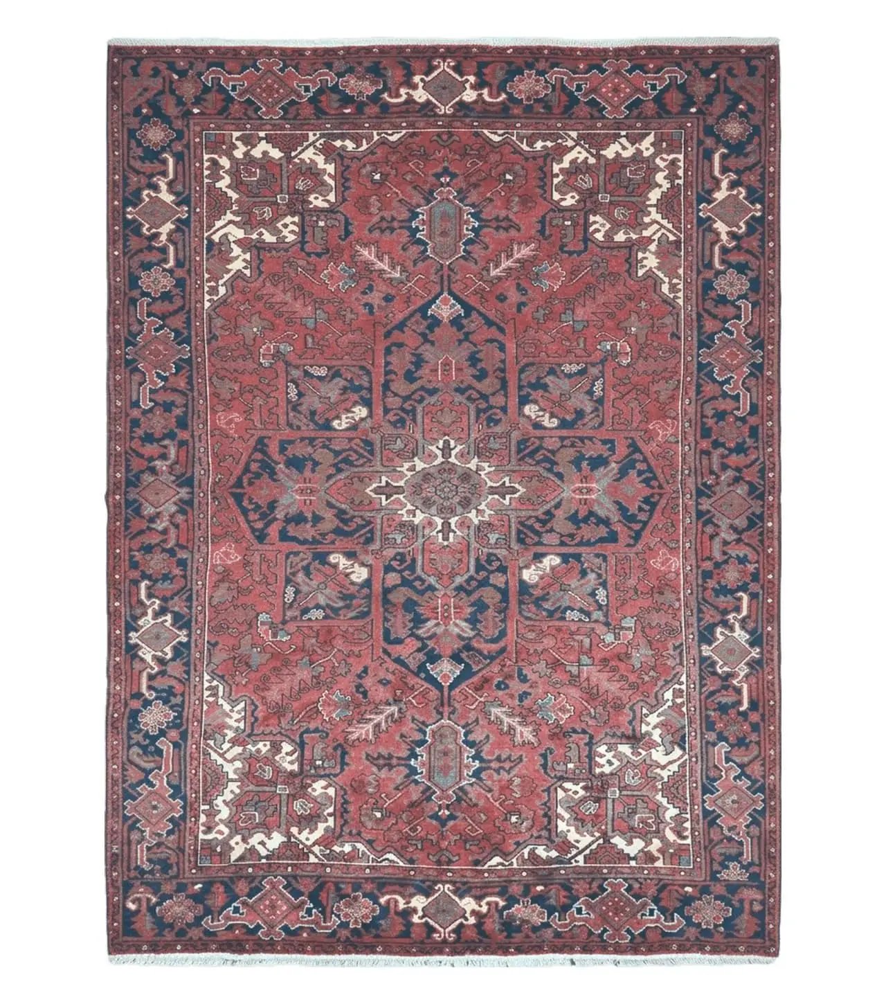 Persian Rug 8x11 Room Sized Heriz Carpet, Hand Knotted Wool Rug, Vintage Semi Antique, Geometric Medallion, Wine Red Cream Dark Blue, Wow by Jewel Rugs