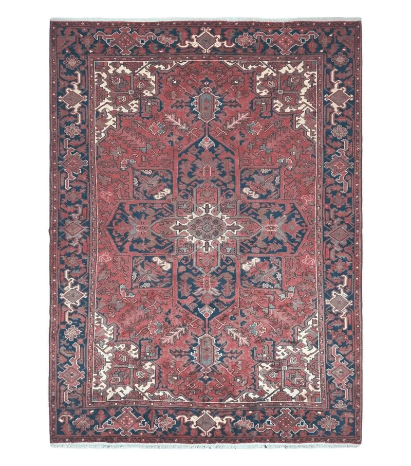 Persian Rug 8x11 Room Sized Heriz Carpet, Hand Knotted Wool Rug, Vintage Semi Antique, Geometric Medallion, Wine Red Cream Dark Blue, Wow by Jewel Rugs