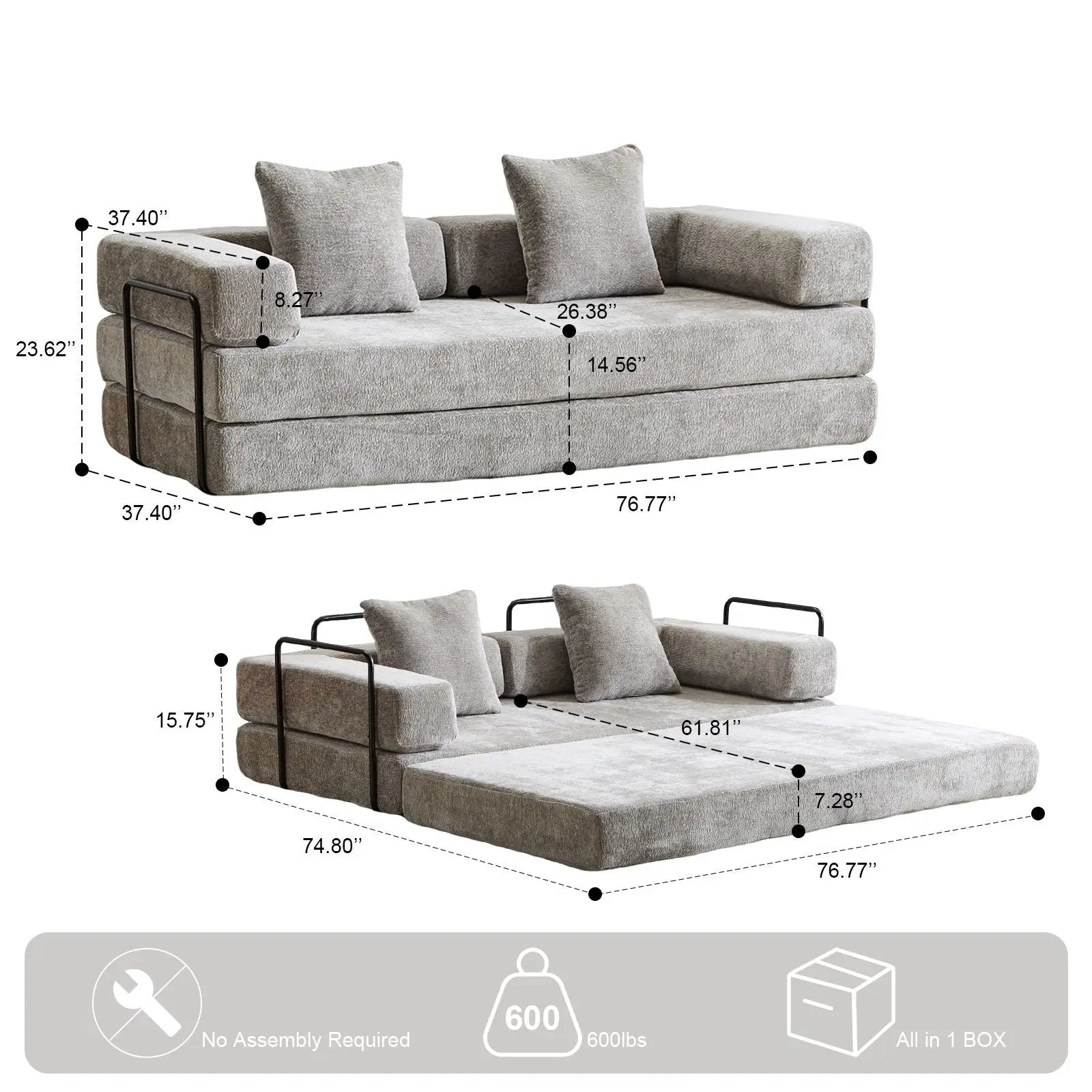 Convertible Floor Sofa Bed With Pillow Back Support Armrest by Unique Piece Furniture