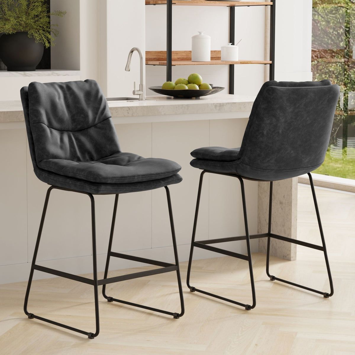 Counter Height Stool Set with Tufted Back and Padded Seat - Dark Gray or Light Brown, photo 5 of 13